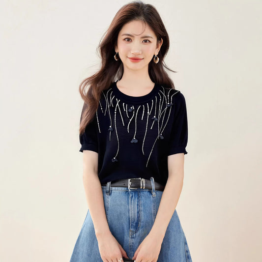 Chic Embellished Sequin Beaded Knit Top - Round Neck Office Casual Style