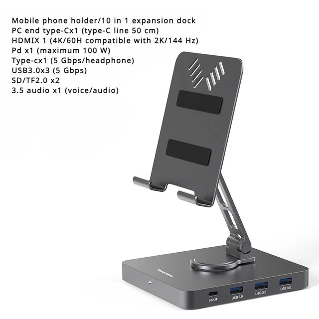 9-in-1 Type-C Docking Station - 4K/60Hz USB 3.0 Hub with Gigabit Ethernet & 360° Rotary iPad Holder Stand