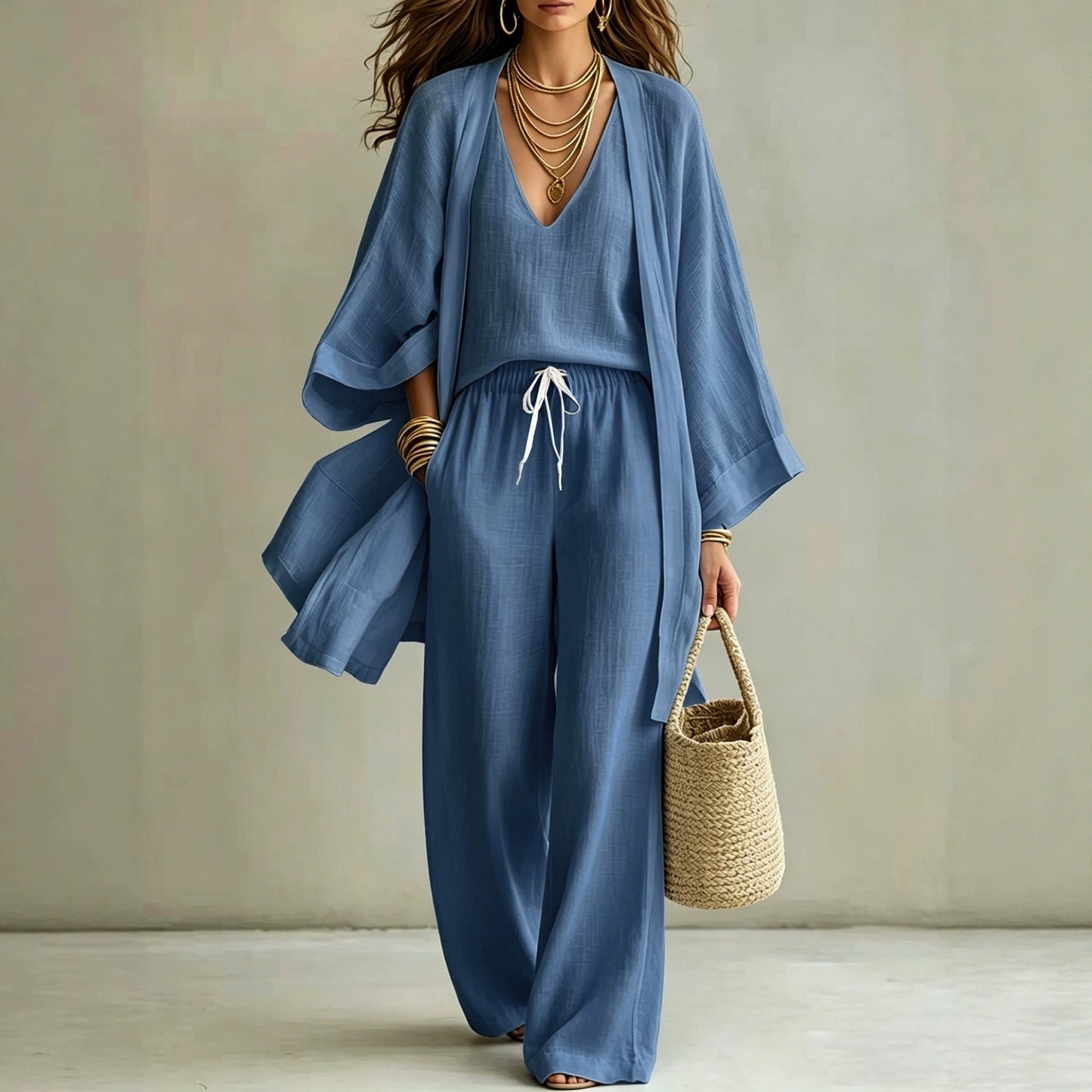 Elegant Linen Look 3-Piece Matching Set - Flowing Open Front Shrug with Wide Leg Pants
