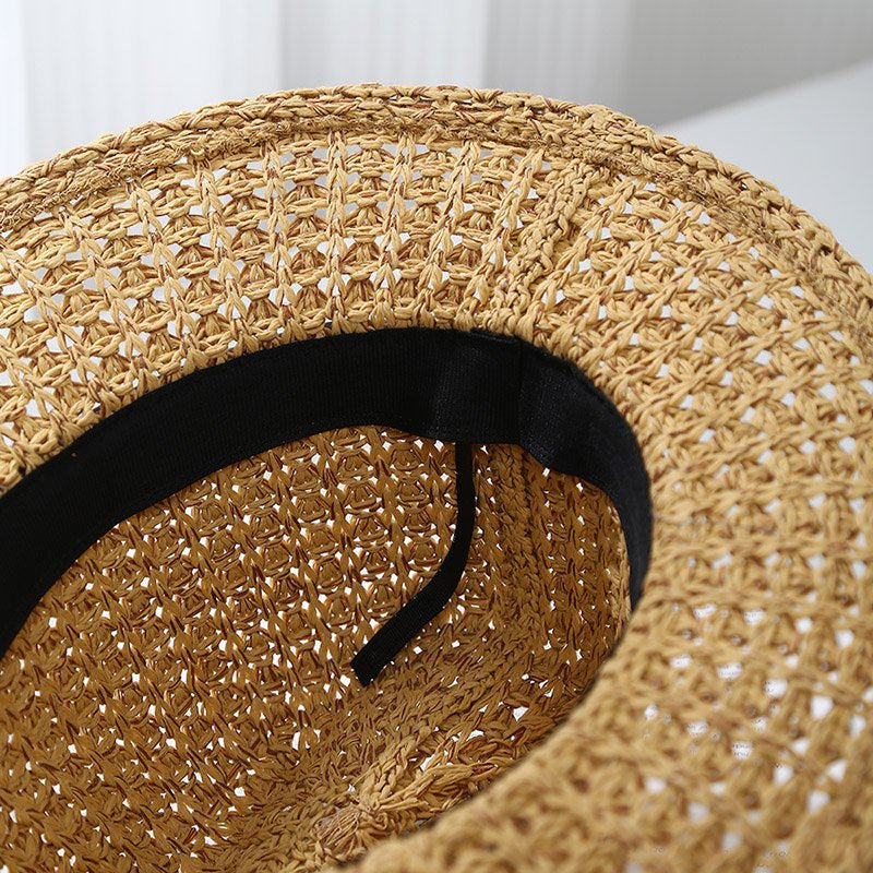 Ladies' Straw Fedora Sun Hat with Leather Band | Wide Brim Summer UV Protection