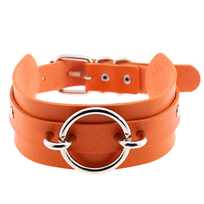 Punk PU Leather Choker Necklace with Oversized O-Ring Pendant | Multi-Color Collar Chain