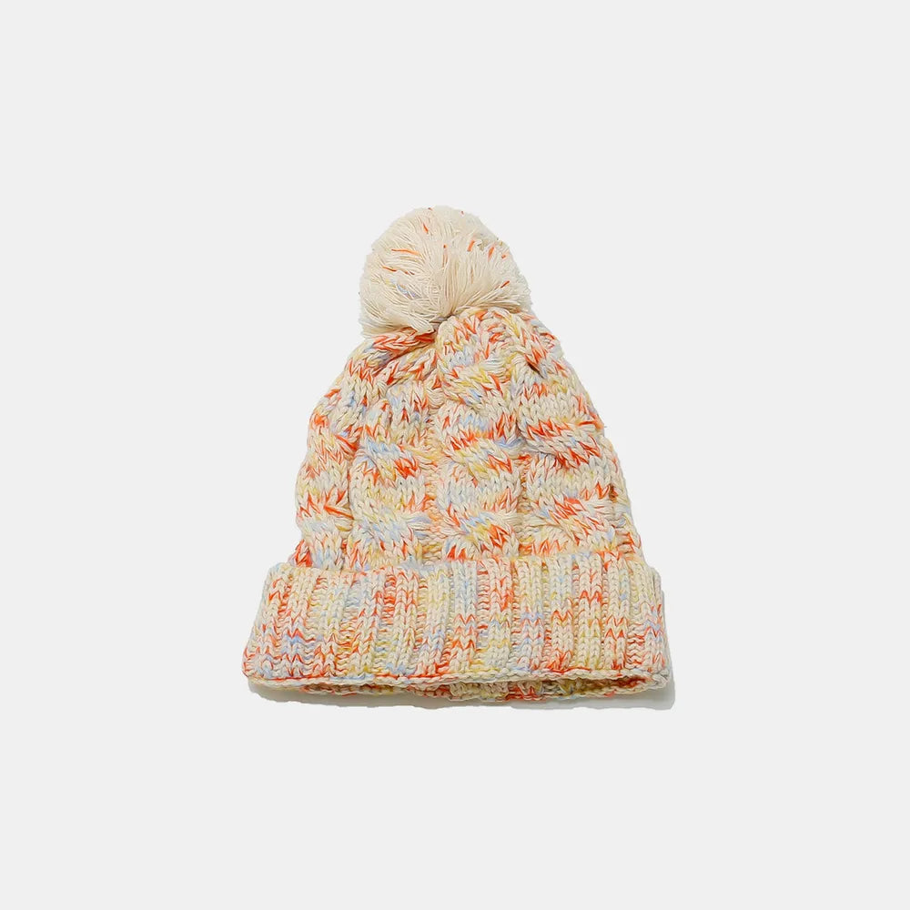 Chunky Knit Contrast Pompom Beanie Hat | Warm Winter Cable Knit Cap