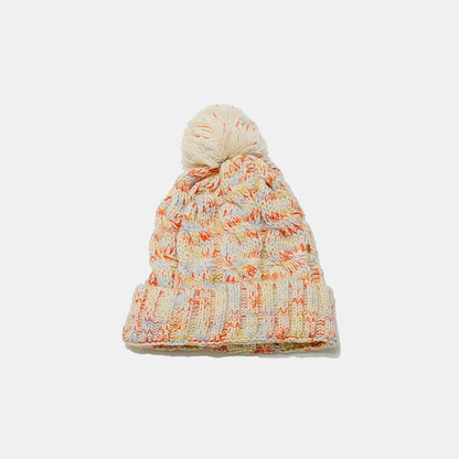 Chunky Knit Contrast Pompom Beanie Hat | Warm Winter Cable Knit Cap