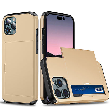 Sliding Card Holder Case for iPhone 14 13 12 Pro - Hidden Wallet Slot Anti-Drop Armor Cover