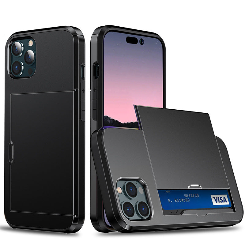 Sliding Card Holder Case for iPhone 14 13 12 Pro - Hidden Wallet Slot Anti-Drop Armor Cover