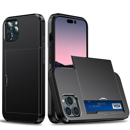 Sliding Card Holder Case for iPhone 14 13 12 Pro - Hidden Wallet Slot Anti-Drop Armor Cover
