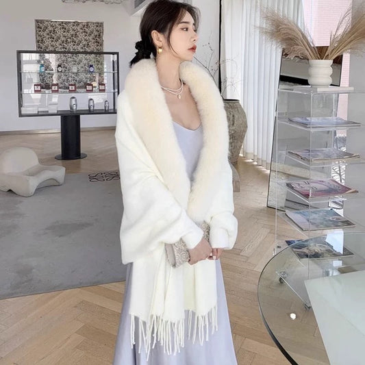 Autumn Winter Women's Faux Fur Collar Knitted Cape Cardigan | Solid Color Poncho