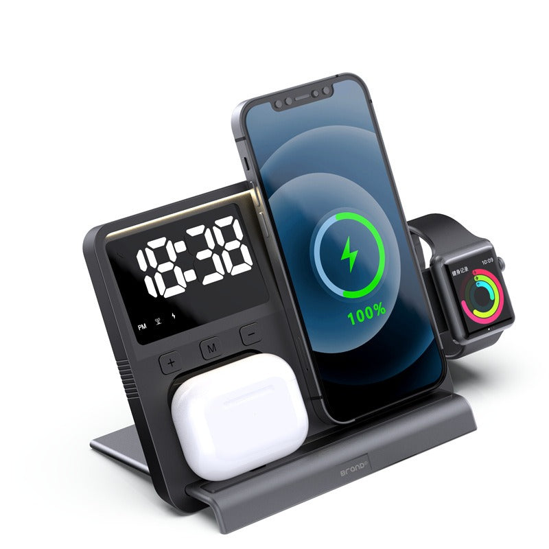 3-in-1 Fast Wireless Charging Station with Digital Alarm Clock - Multi-Device Desk Charger Stand