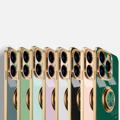 Luxury Plating Ring Holder Case for iPhone 14 13 12 - Magnetic Car Mount Kickstand Soft Silicone Cover