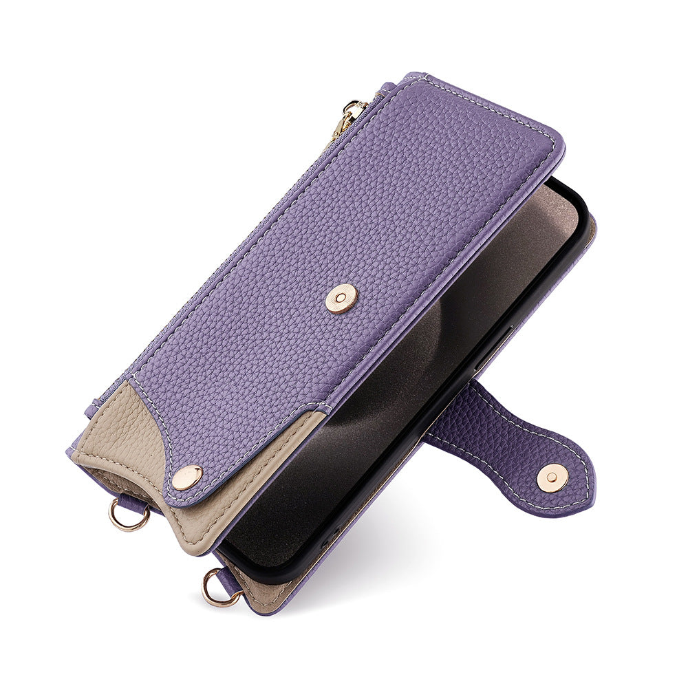 Crossbody Leather Wallet Case with Makeup Mirror & Card Holder for iPhone 17 16 15 14 Pro Max - Zipper Pocket Stand Cover