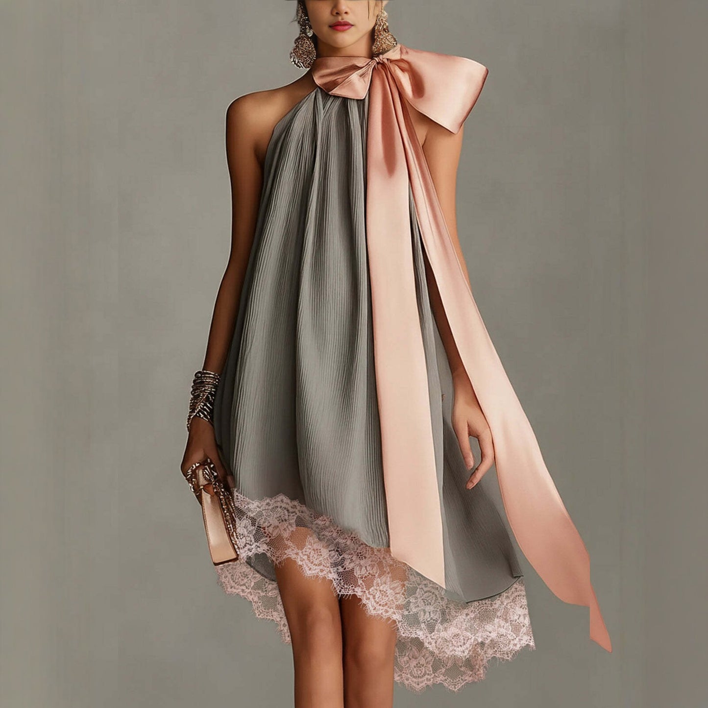 Fashionable Loose Satin Ribbon Strapless Summer Vacation Dress with Lace Hem