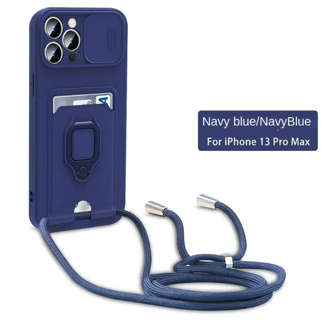 Crossbody Lanyard Phone Case with Card Holder & Ring Holder Kickstand for iPhone 15 14 13 12 11 Pro Max