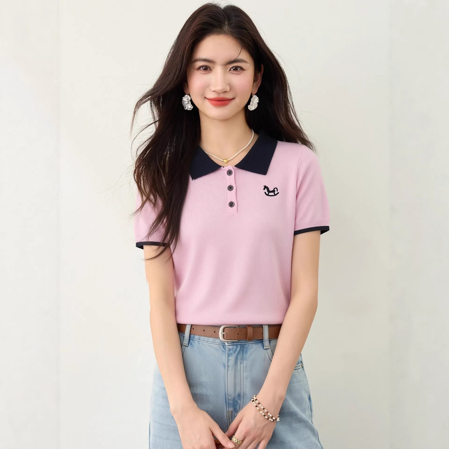 Women's Polo Neck Pink Knitted T-Shirt - Slim Fit Straight Shoulder Top