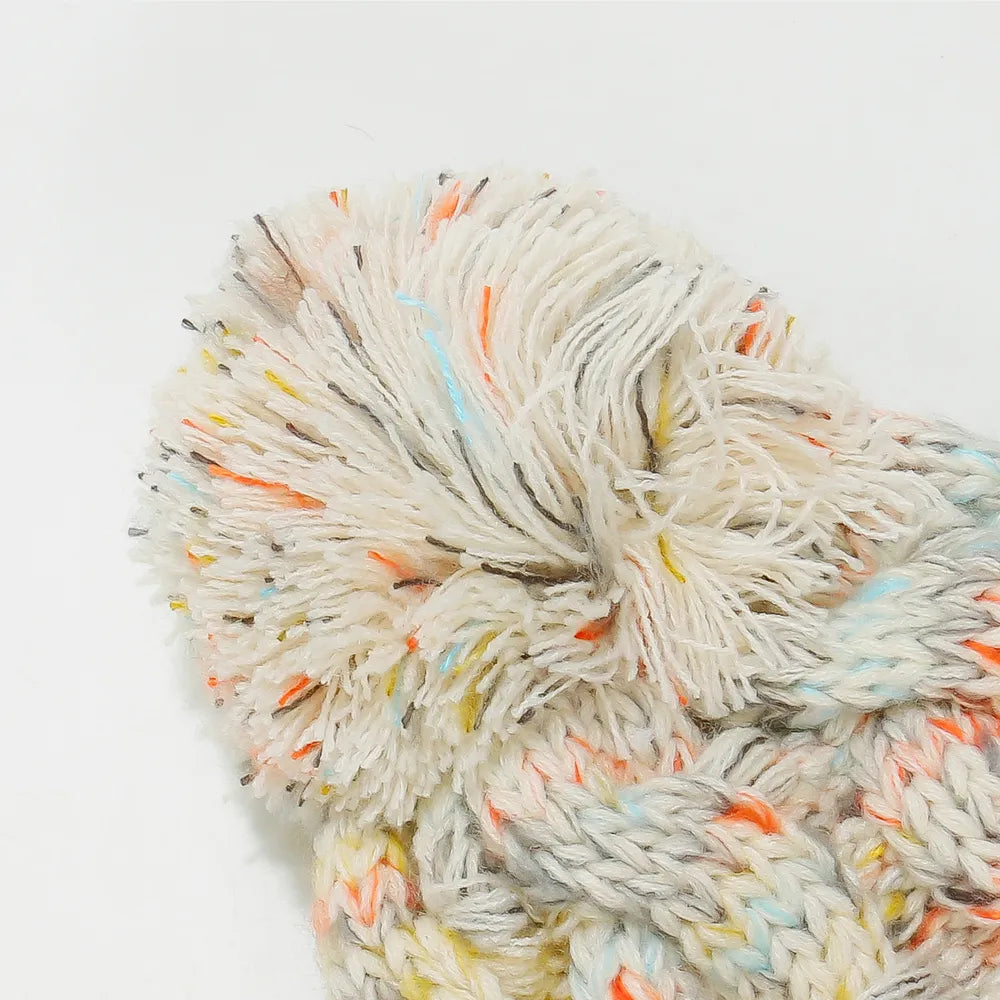 Chunky Knit Contrast Pompom Beanie Hat | Warm Winter Cable Knit Cap