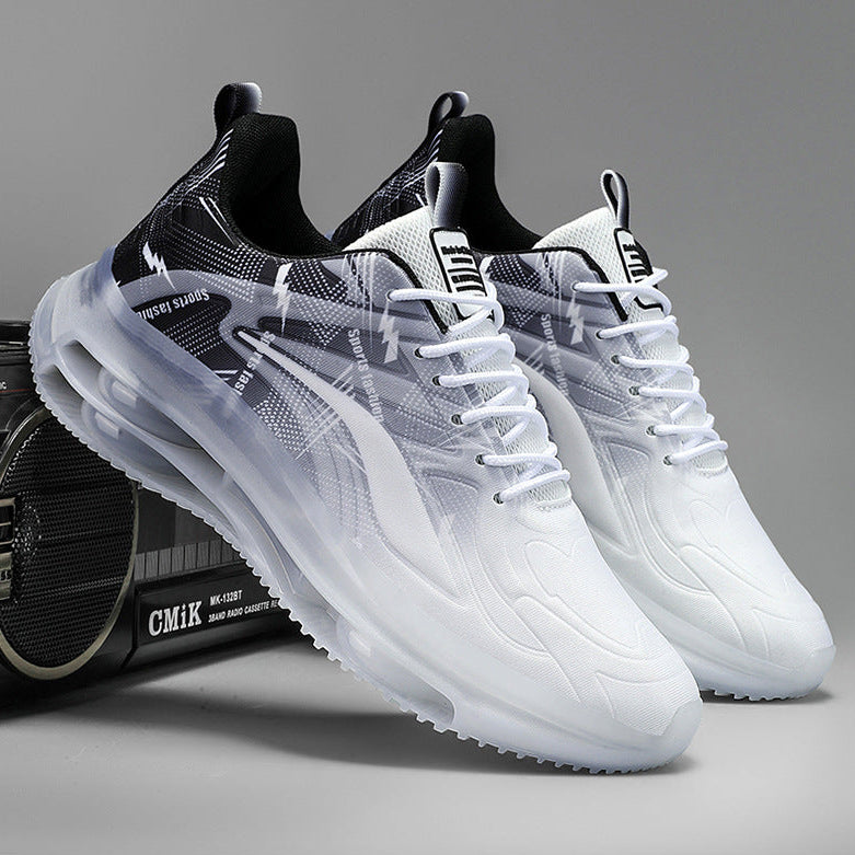 White sneakers with black accents on a gray background