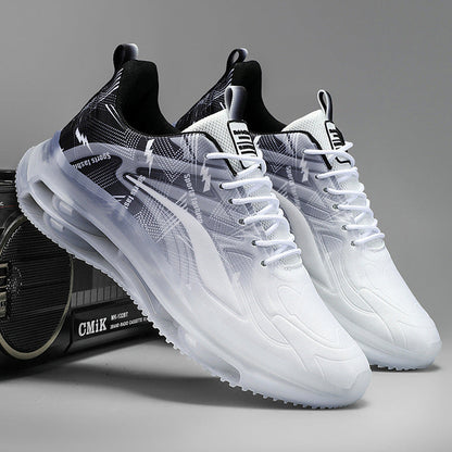 White sneakers with black accents on a gray background