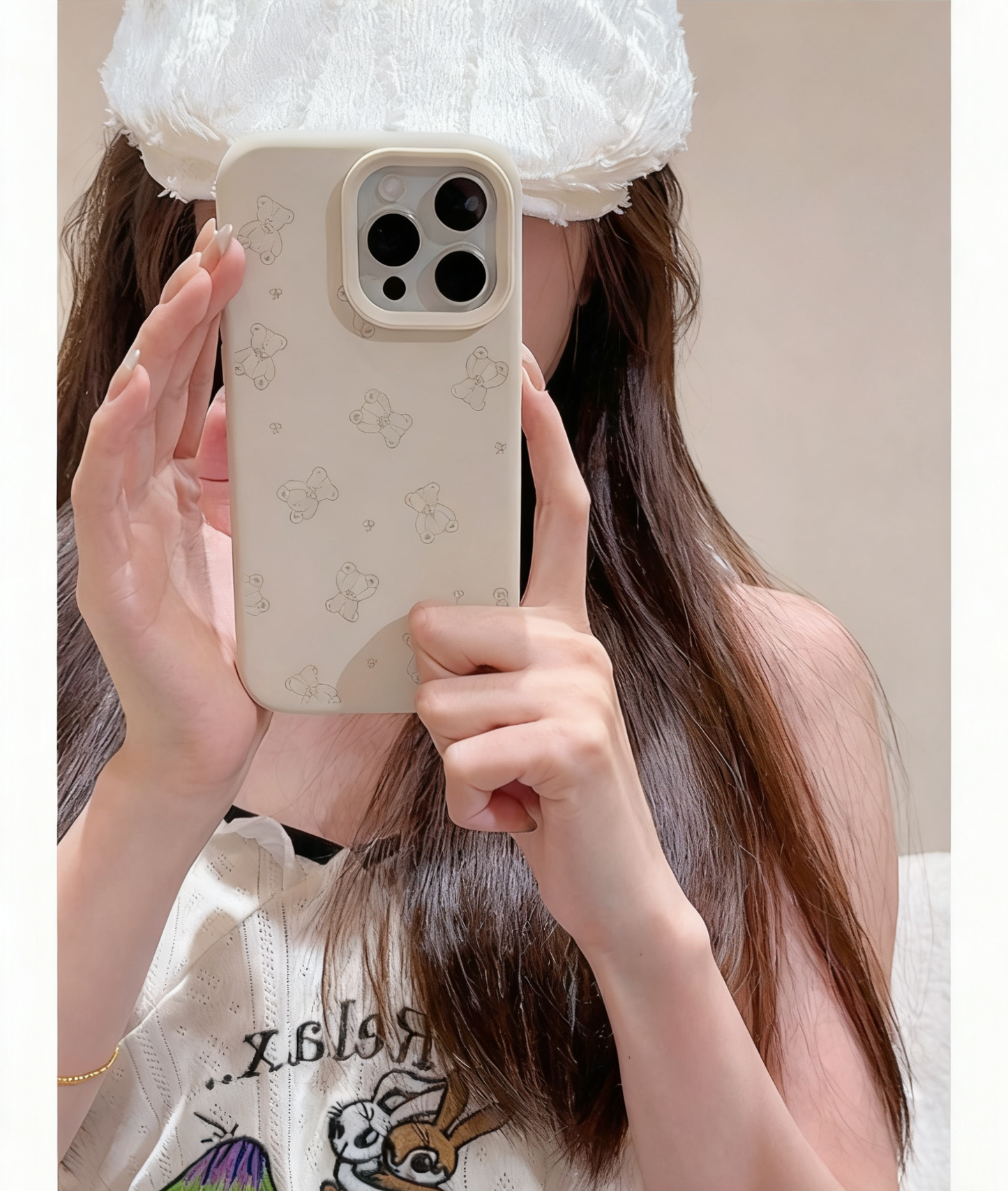 Cute Teddy Bear Pattern Liquid Silicone Phone Case for iPhone 16 15 14 Pro Max - Soft Lens Protection Cover