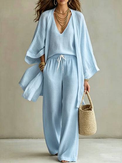 Elegant Linen Look 3-Piece Matching Set - Flowing Open Front Shrug with Wide Leg Pants