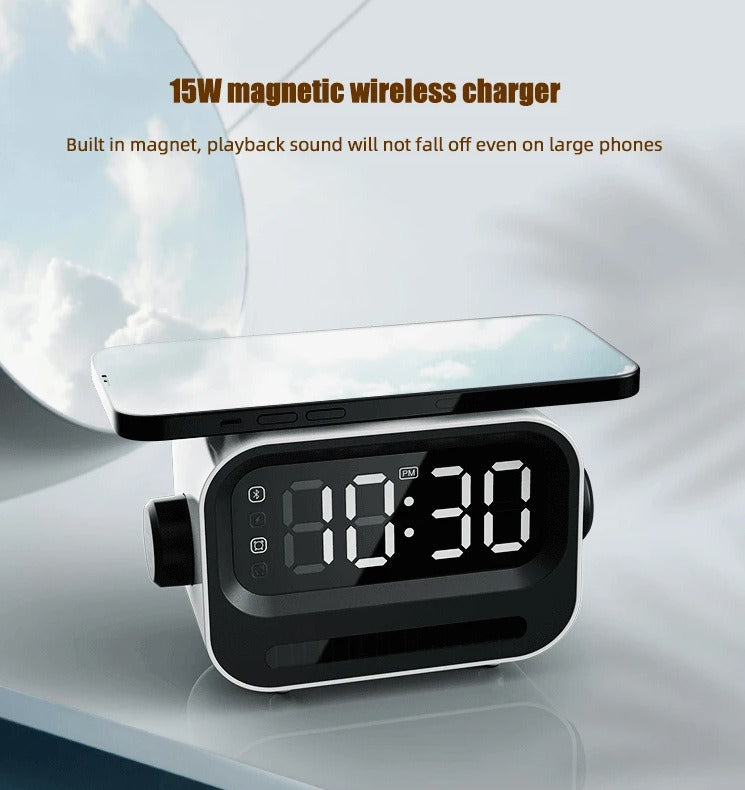 Multifunctional Digital Alarm Clock with Wireless Charger - Bluetooth Speaker & Voice-Controlled Night Light
