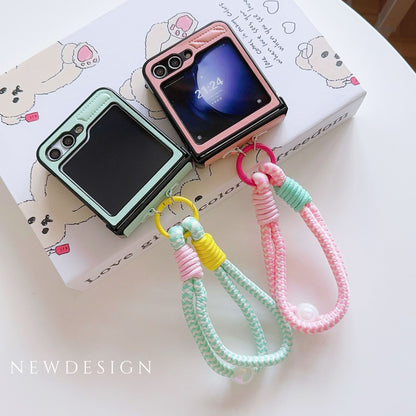 Korean Style Quilted Leather Case with Braided Hand Strap for Samsung Galaxy Z Flip 6 5 4 3 - Stylish Foldable Cover