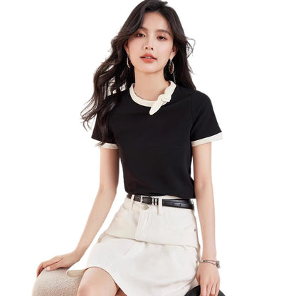 Chic Black Cotton T-Shirt for Women - Short Sleeve Summer Top with Bow Detail