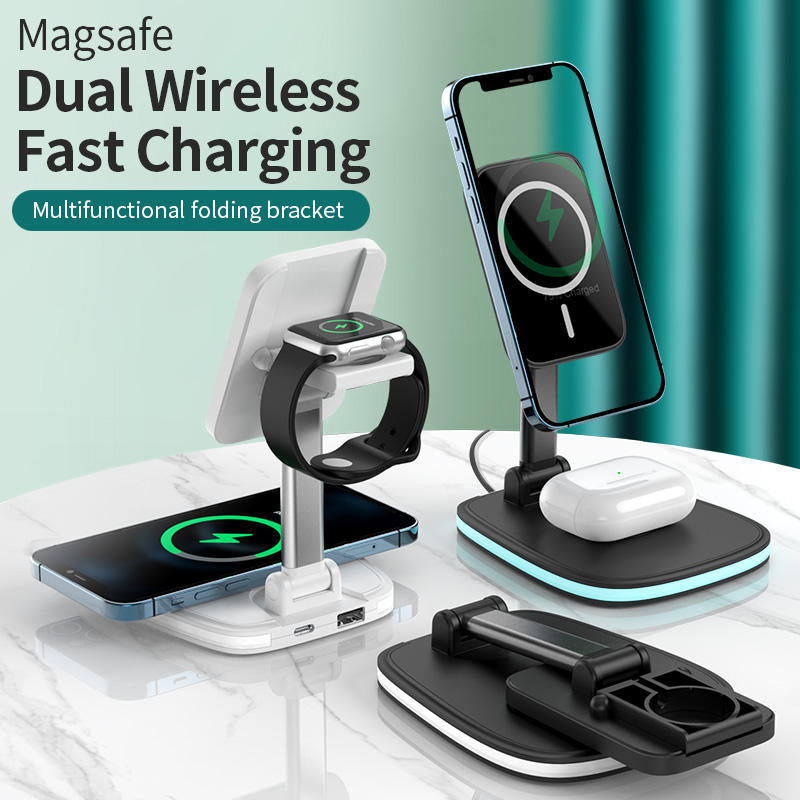 Portable Folding Magnetic Wireless Charger Stand - Dual Charging Dock for Smartphones