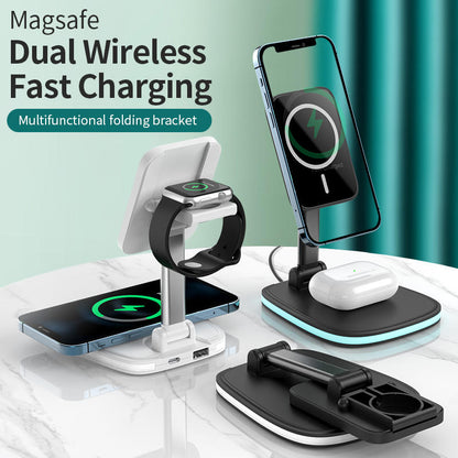 Portable Folding Magnetic Wireless Charger Stand - Dual Charging Dock for Smartphones