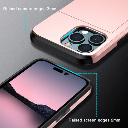 Sliding Card Holder Case for iPhone 14 13 12 Pro - Hidden Wallet Slot Anti-Drop Armor Cover