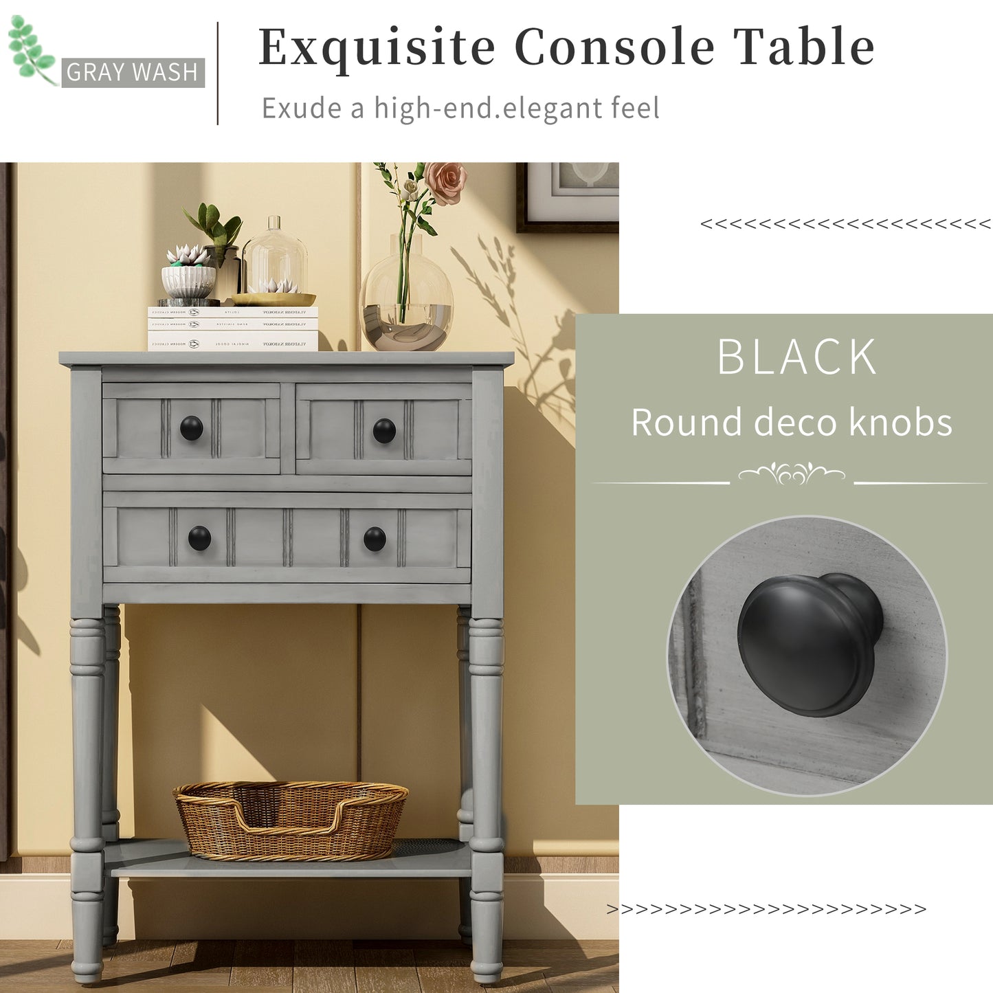 Narrow Console Desk/Sofa Table with Three Drawers (Grey Washed)