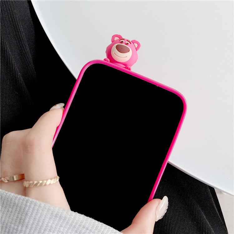 Cute 3D Lying Strawberry Bear Silicone Phone Case for iPhone 16 15 14 13 12 Pro Max - Soft Cartoon Cover