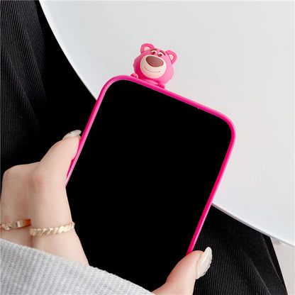 Cute 3D Lying Strawberry Bear Silicone Phone Case for iPhone 16 15 14 13 12 Pro Max - Soft Cartoon Cover