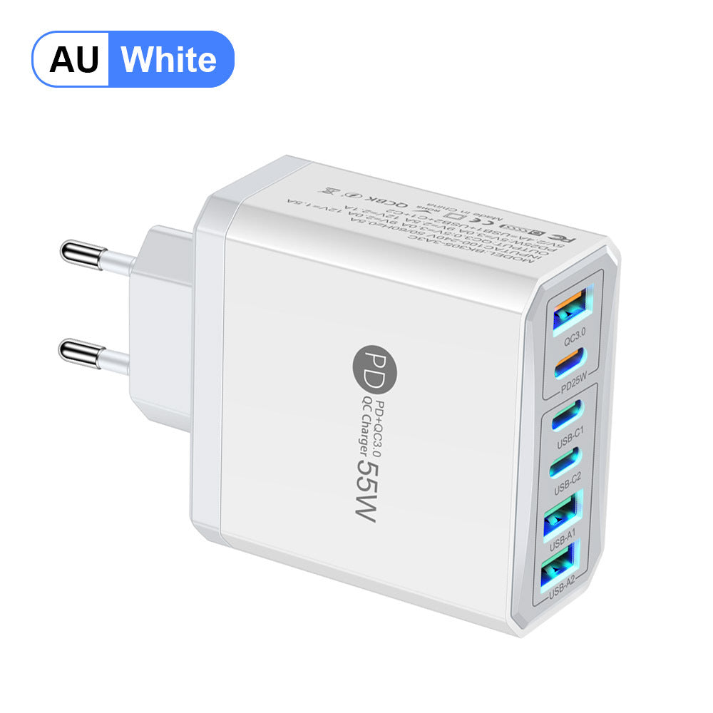 6-in-1 Fast Charging Head - 55W QC3.0 & PD Multi-Port Wall Charger Adapter
