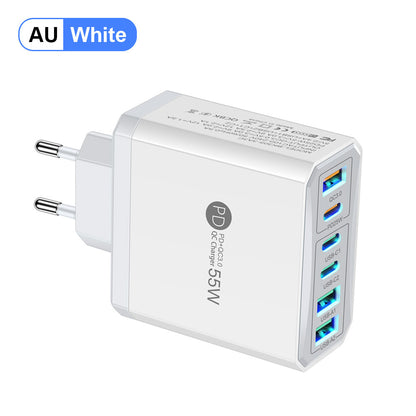 6-in-1 Fast Charging Head - 55W QC3.0 & PD Multi-Port Wall Charger Adapter