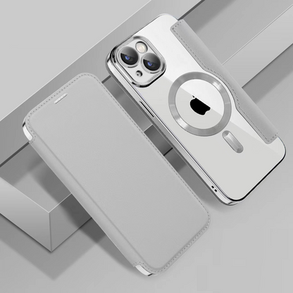 Electroplated Magnetic Leather Wallet Flip Case with Card Holder for iPhone 16 15 14 Pro Max - Clear Back Cover
