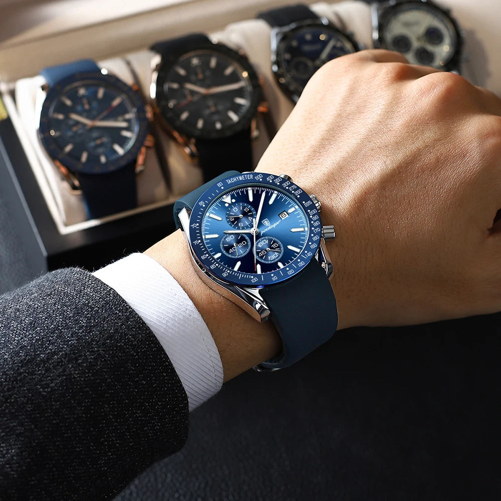 Multi-Functional Blue Dial Men's Business Watch - Premium Sports Watch with Silicone Strap