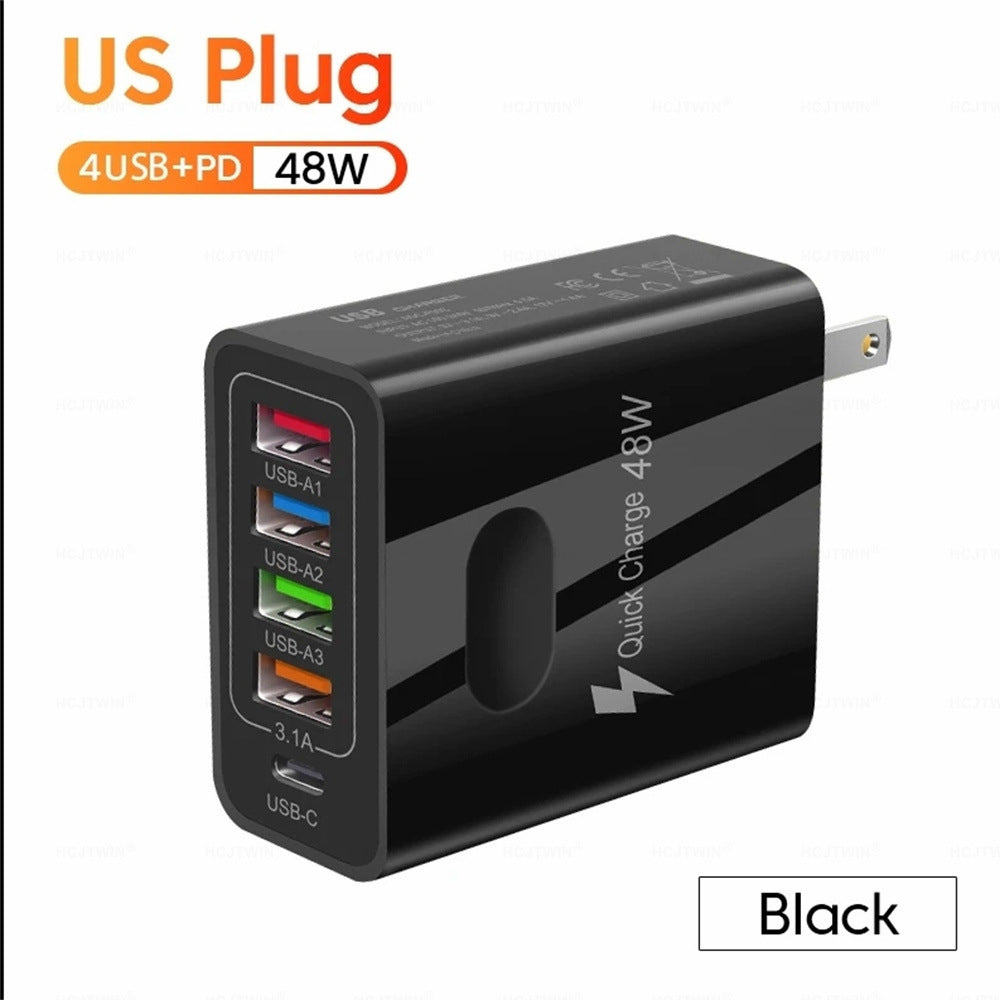48W 5-in-1 Multi-Port Wall Charger - 4 USB & PD Fast Charging Adapter