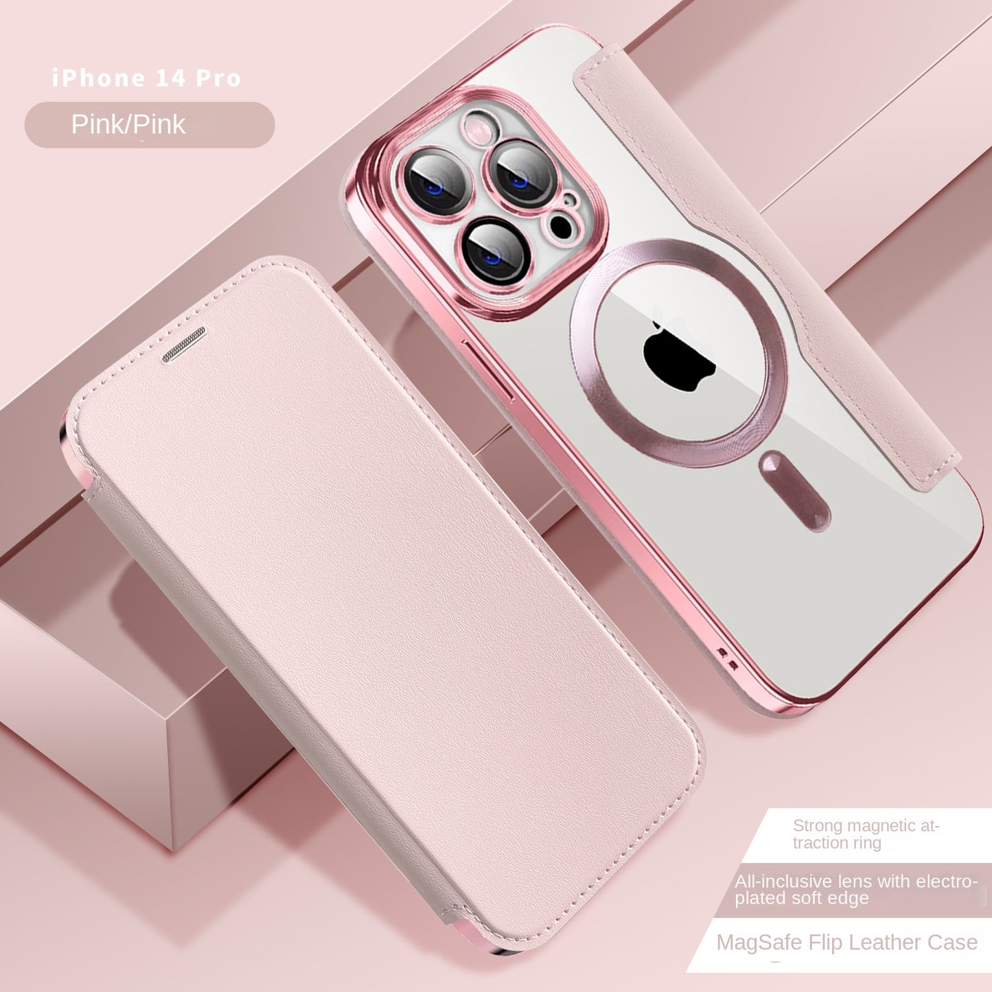 Electroplated Magnetic Leather Wallet Flip Case with Card Holder for iPhone 16 15 14 Pro Max - Clear Back Cover
