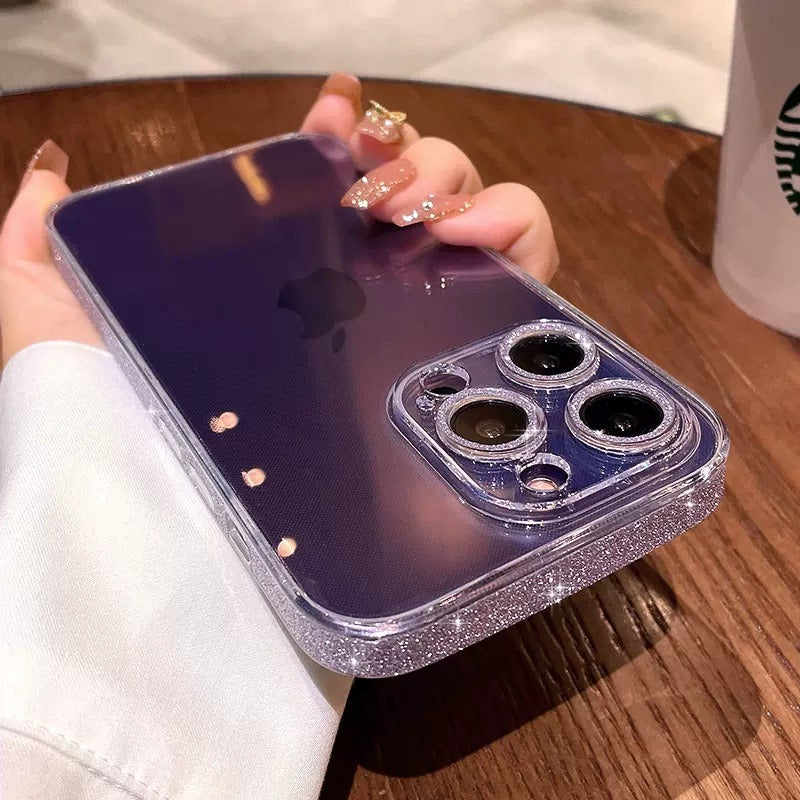 Aesthetic Glitter Rhinestone Edge Clear iPhone Case - Mirror Back Glass Lens Protection Cover