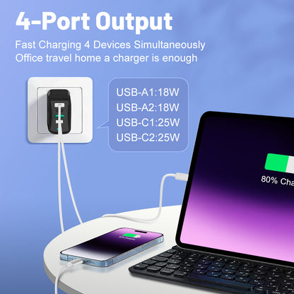 4-in-1 Fast Wall Charger - 2 USB & 2 PD Multi-Port Power Adapter for Smartphones & Tablets