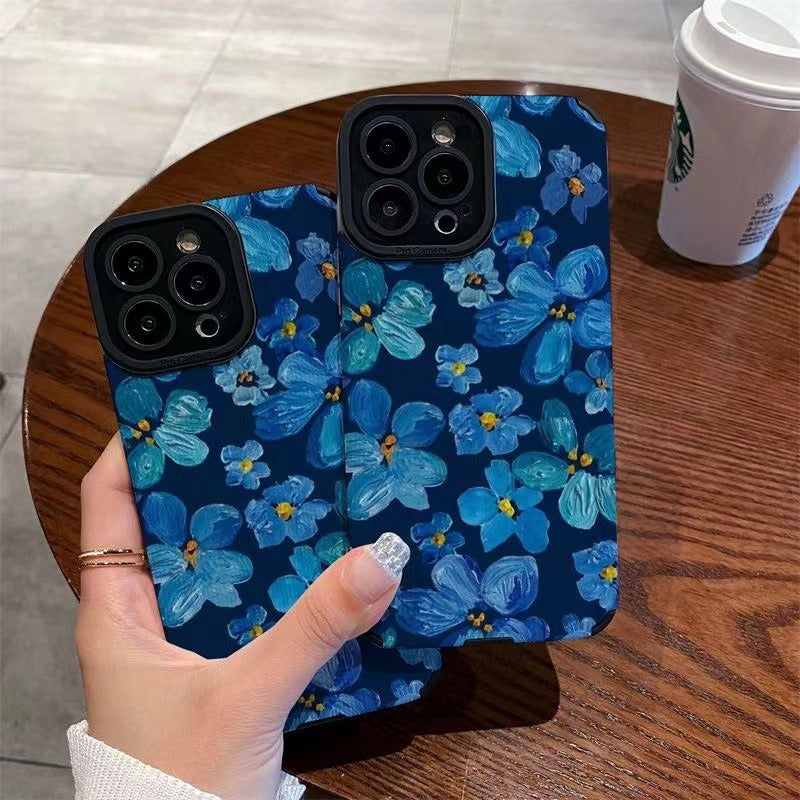 Aesthetic Vintage Floral Blue Flower Soft TPU Case - Shockproof Protection Cover for iPhone