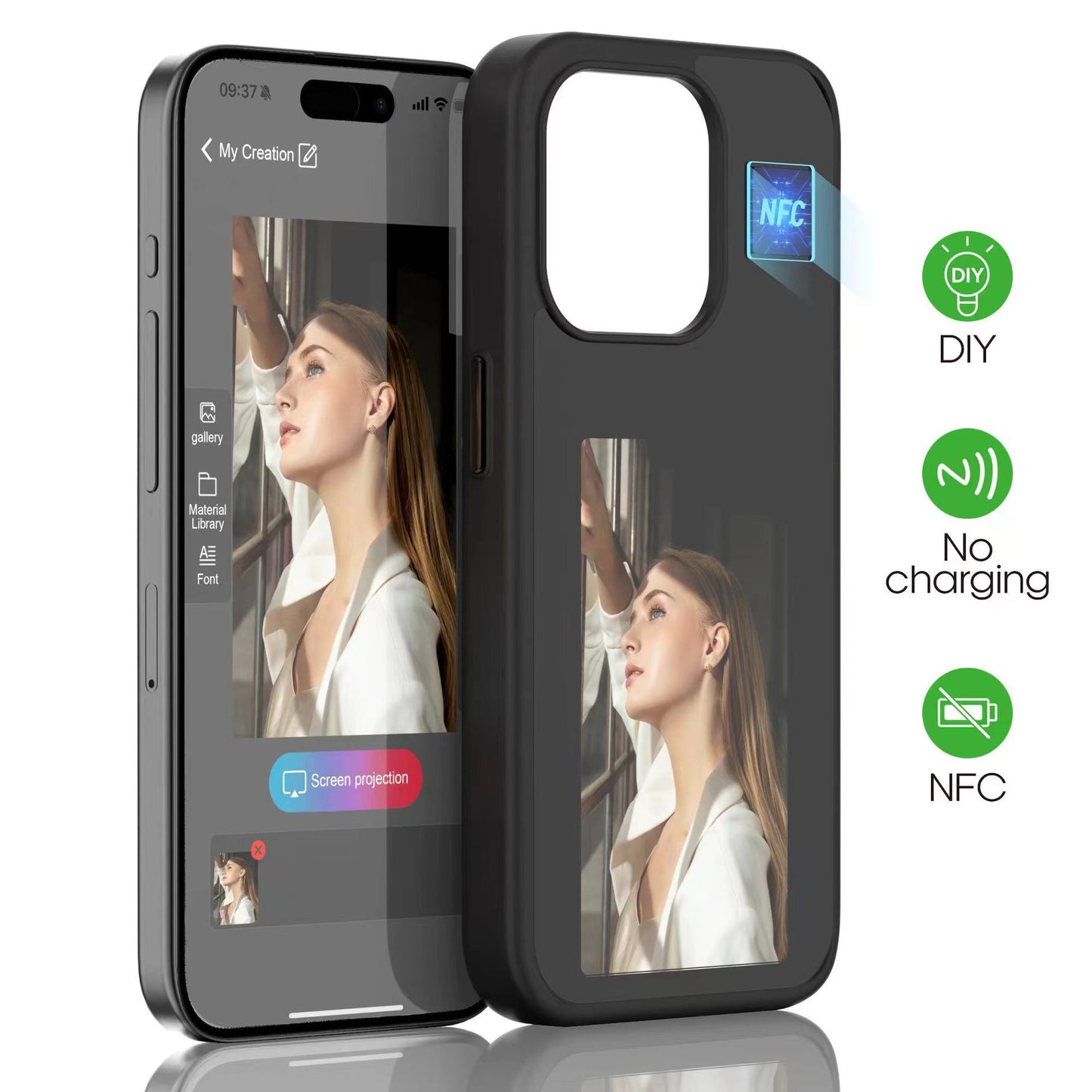 Smart E-Ink Screen NFC DIY Photo Display Phone Case for iPhone 15 14 13 Pro Max - Battery-Free Refreshable Cover