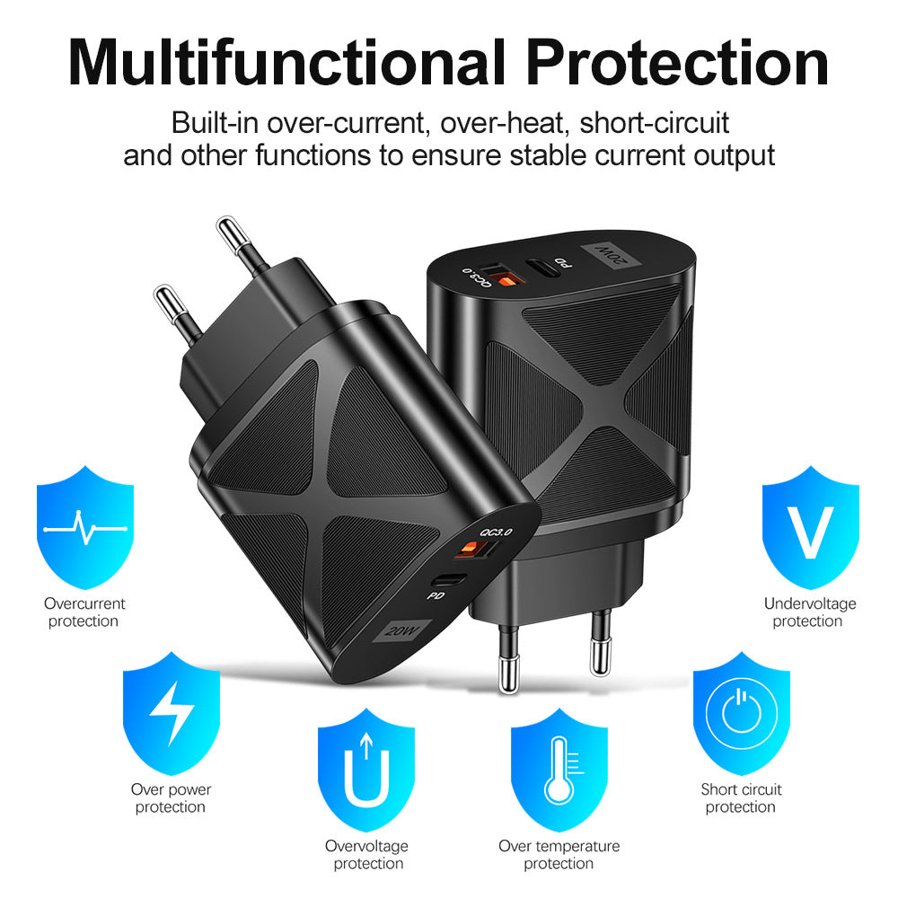 20W PD & QC3.0 Dual-Port Fast Wall Charger - LED Luminous Mobile Phone Charging Head