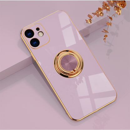 Luxury Plating Ring Holder Case for iPhone 14 13 12 - Magnetic Car Mount Kickstand Soft Silicone Cover