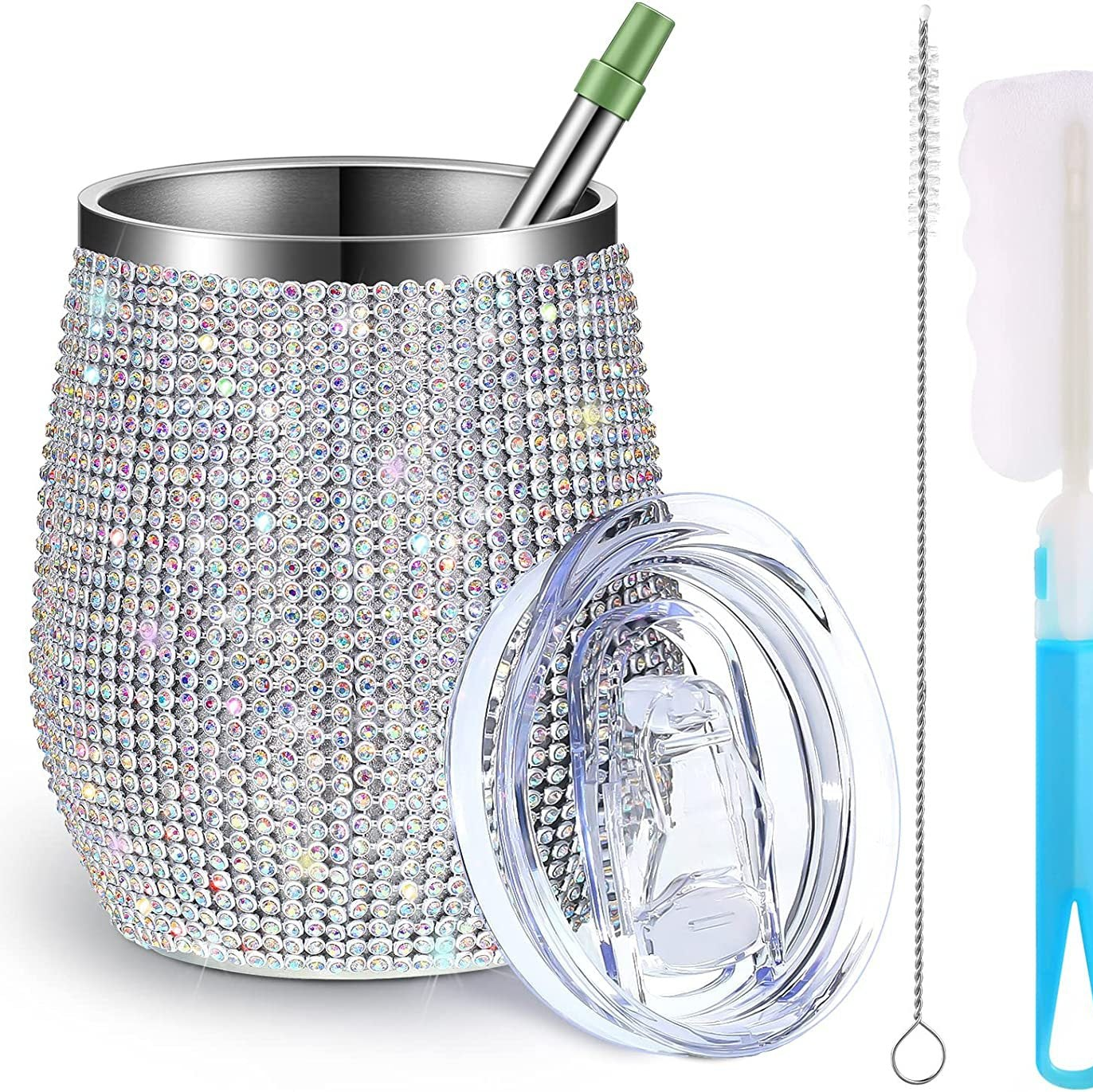 12oz Luxury Diamond Rhinestone Wine Tumbler - Insulated Stainless Steel Cup with Straw & Lid