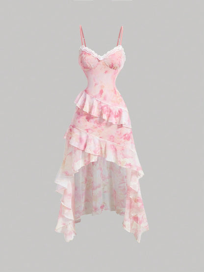 Elegant Floral Mesh Camisole Dress - High-Low Ruffle Asymmetrical Skirt
