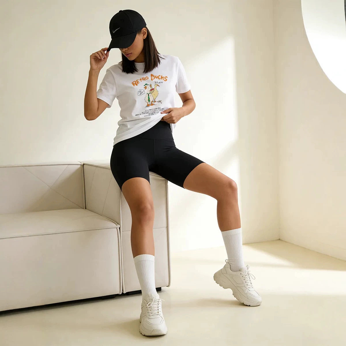 Women's Casual White Cute Duck Print Short Sleeved Tee