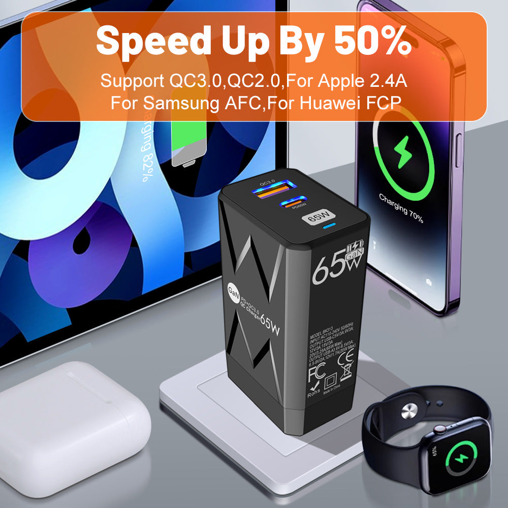 65W GaN Fast Charging Head - Universal Global Travel Wall Charger with US, EU & UK Plugs