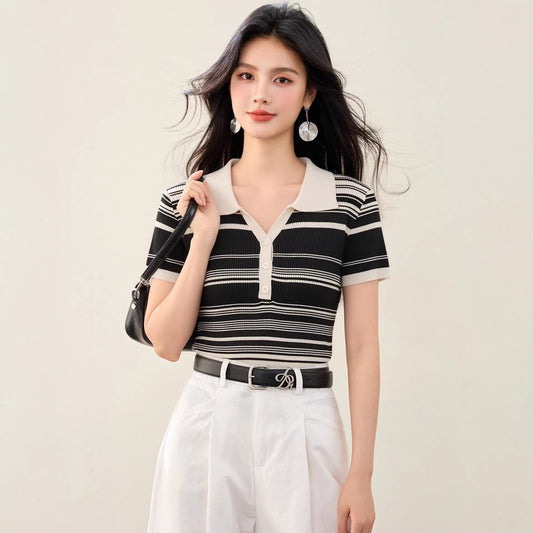 Fashionable Striped Knit Polo Shirt - Slim Fit Casual Summer Top for Women