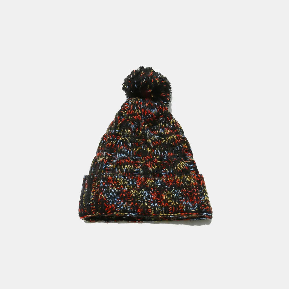 Chunky Knit Contrast Pompom Beanie Hat | Warm Winter Cable Knit Cap