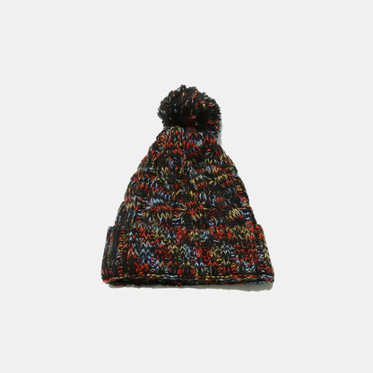 Chunky Knit Contrast Pompom Beanie Hat | Warm Winter Cable Knit Cap